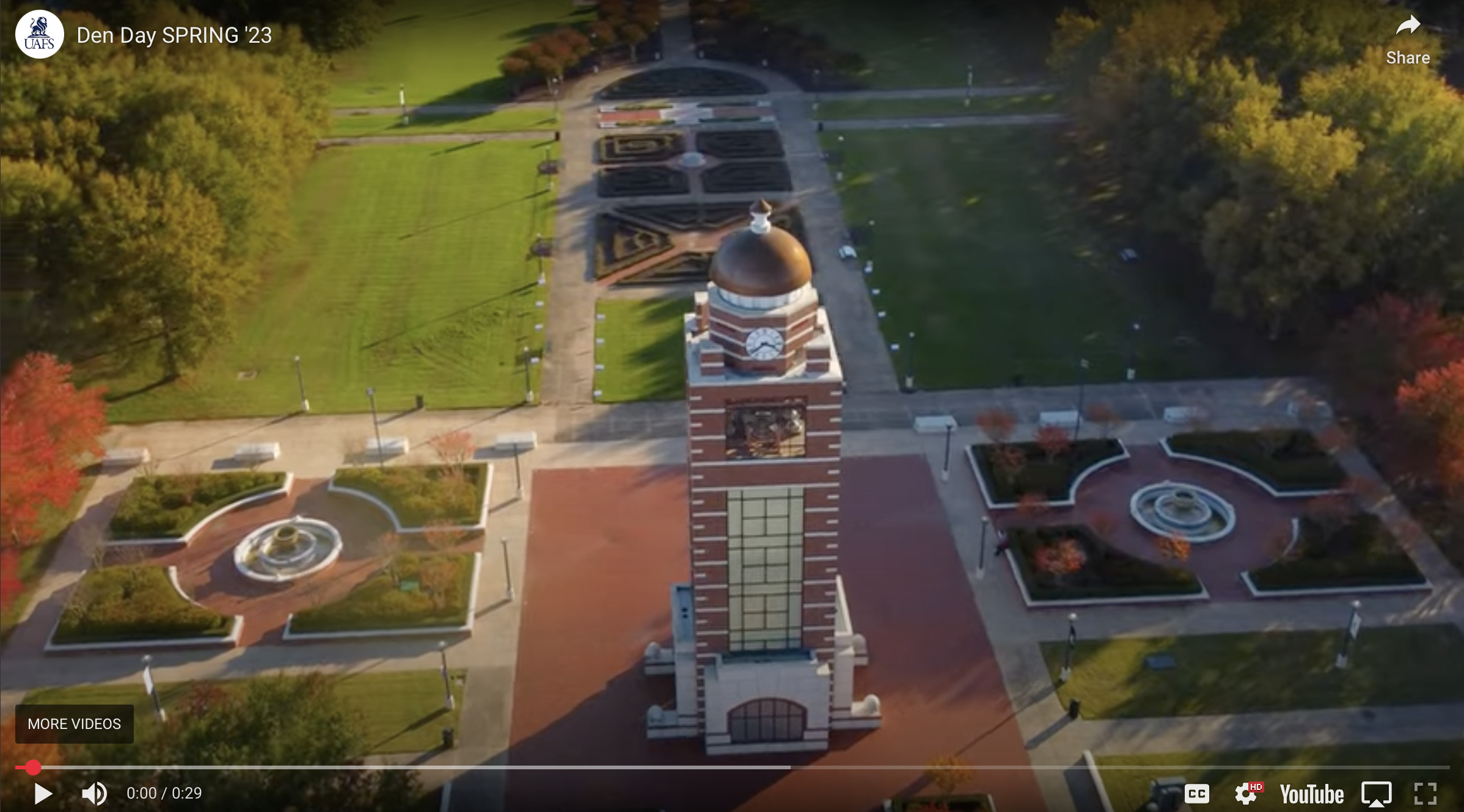 Aerial view of the UAFS Bell Tower and campus plaza surrounded by trees and landscaped walkways.