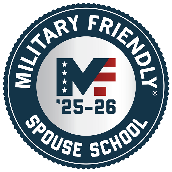 Military Friendly Spouse School 2025–2026 badge featuring a blue circular seal with a stylized ‘M’ and red stripes.