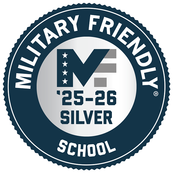 Military Friendly School 2025–2026 Silver badge featuring a blue circular seal with a stylized ‘M’ and silver stripes.