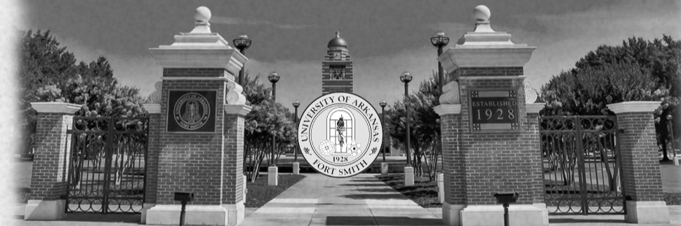black and white background of the Bell Tower at the University of Arkansas Fort - Smith.