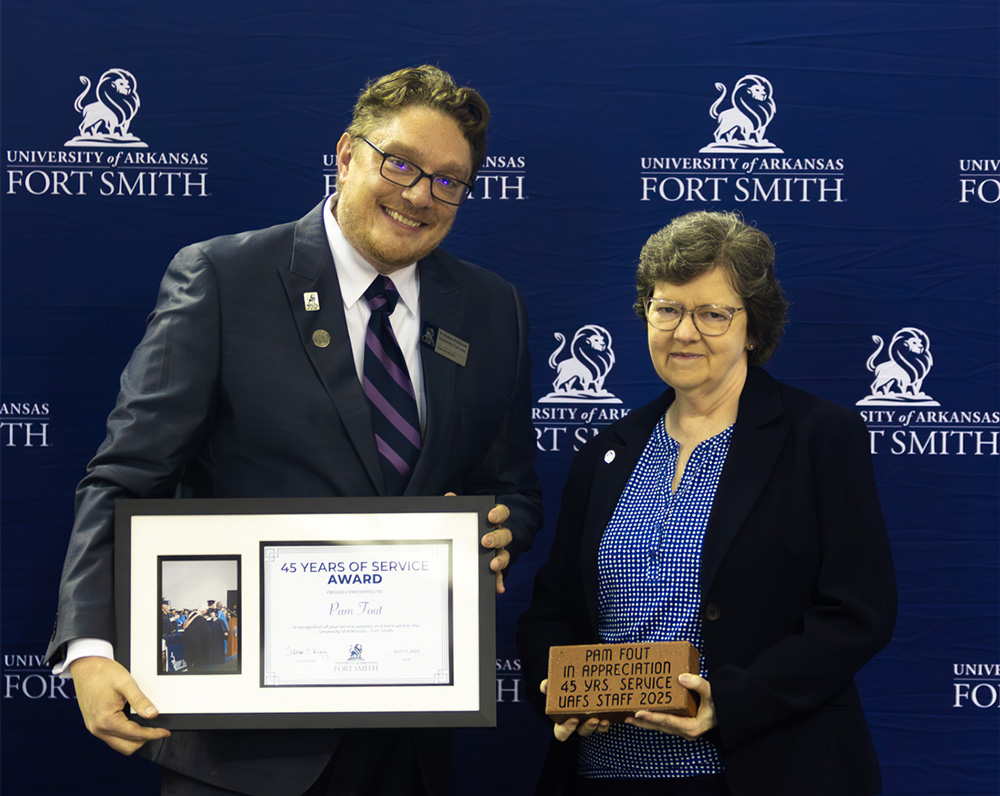 Pam Fout, right, was recognized for her 45 years at UAFS.