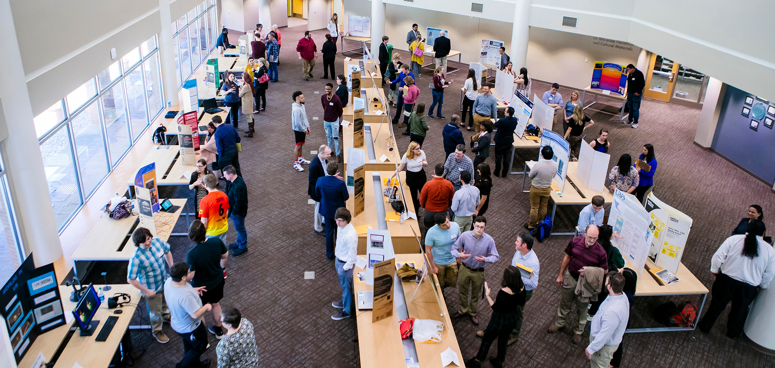 students present posters in a library 
