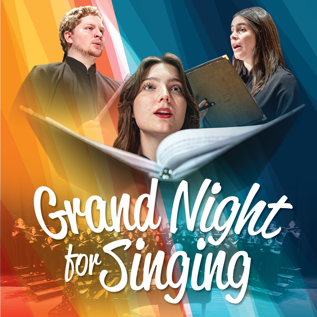 Three vocalists holding music folders performing on vibrant geometric background in poster for UAFS "Grand Night for Singing."