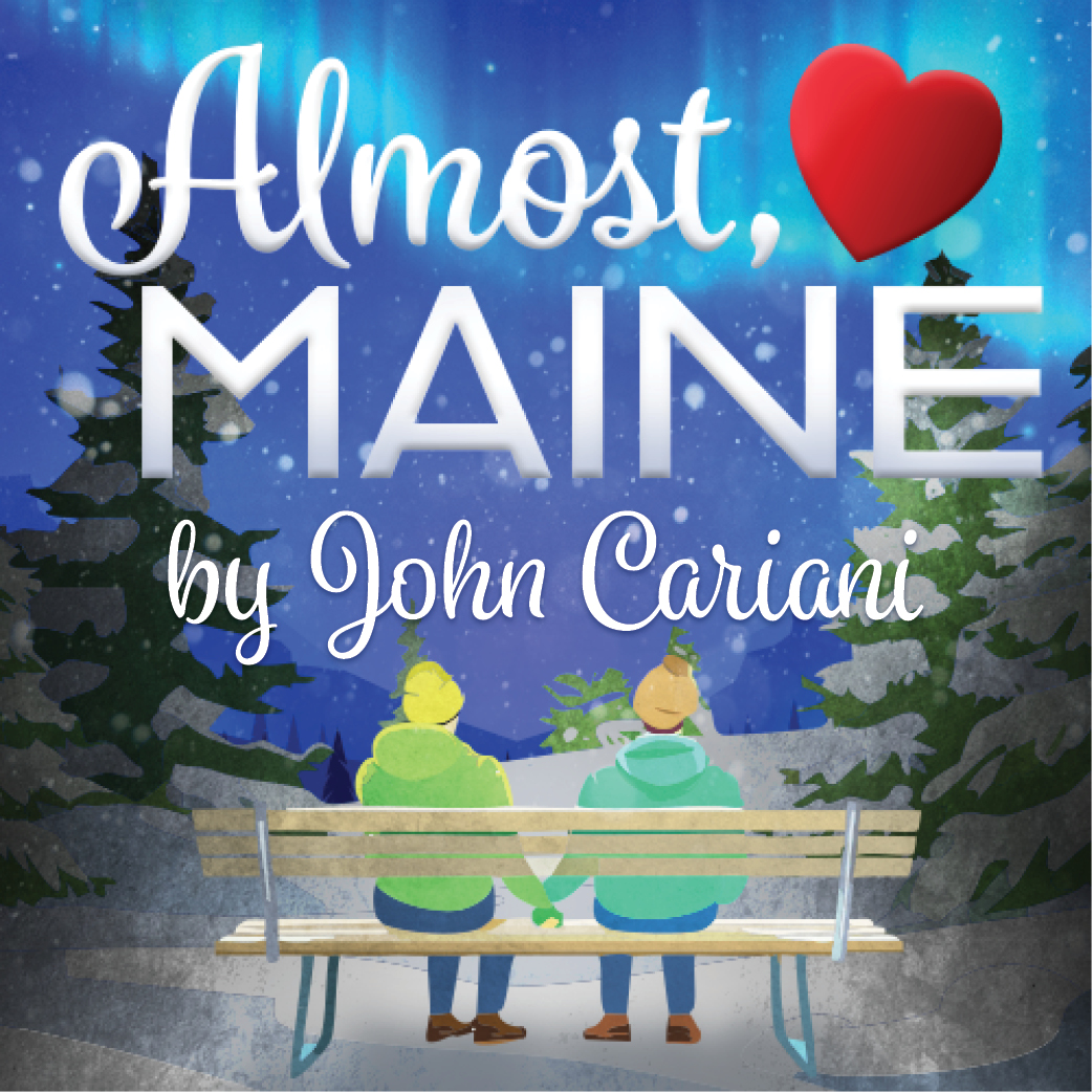 Three singers holding music folders against a snowy, colorful northern-lights backdrop promoting “Almost, Maine” by John Cariani.