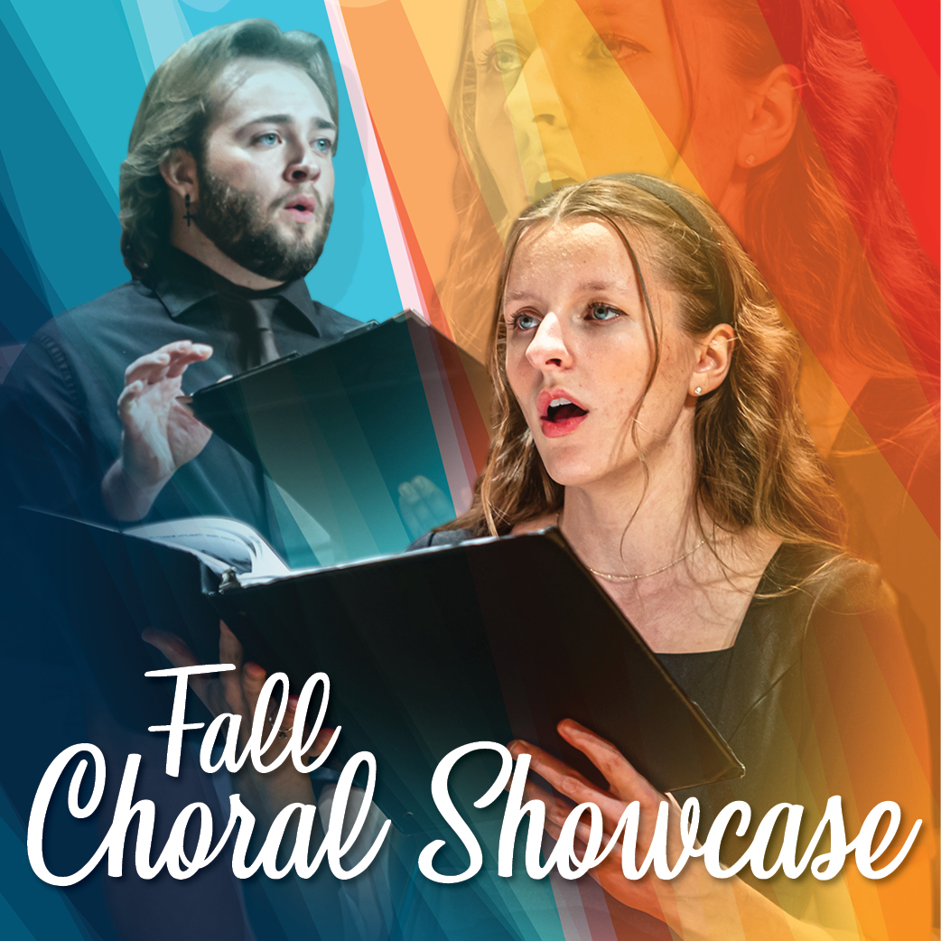 Two vocalists performing with open music folders on vibrant geometric background promoting UAFS Fall Choral Showcase.
