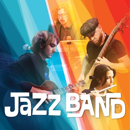 Jazz Band poster showing musicians on guitar, flute, drums in colorful split-tone design promoting UAFS fall concert.