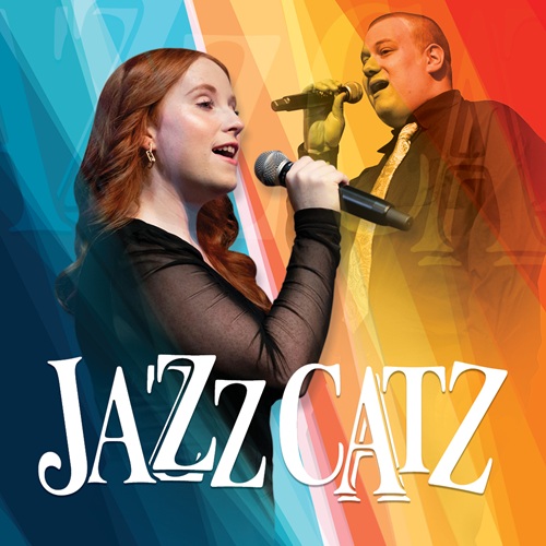 Two vocalists performing in front of vibrant split-tone backdrop promoting UAFS Jazz Catz fall concert.