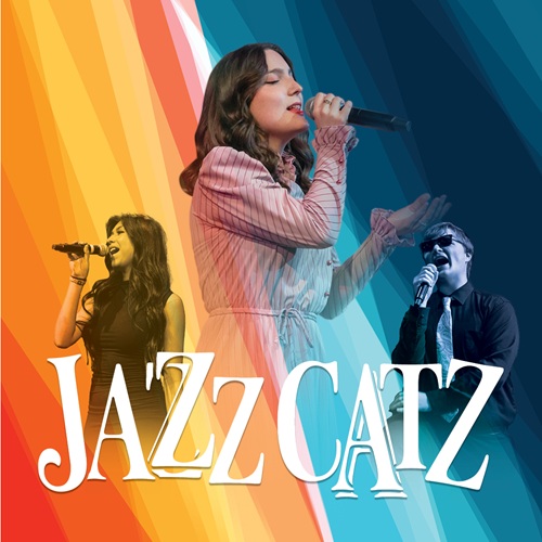 Three singers performing in front of vibrant striped backdrop promoting UAFS Jazz Catz spring concert.