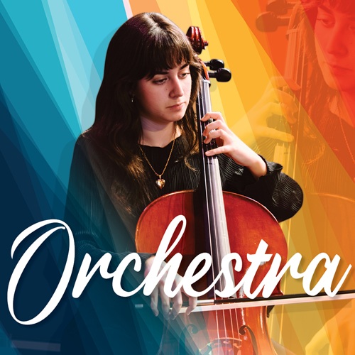 Jazz band musicians playing guitar, flute, and percussion over vibrant rainbow split background promoting UAFS.