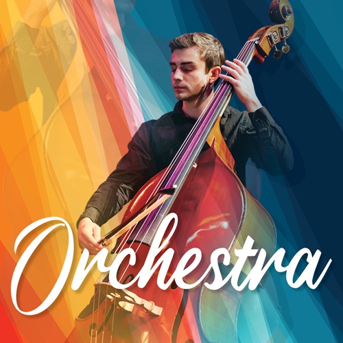 Cellist soloist performing against colorful abstract background in poster for UAFS Orchestra spring concert.