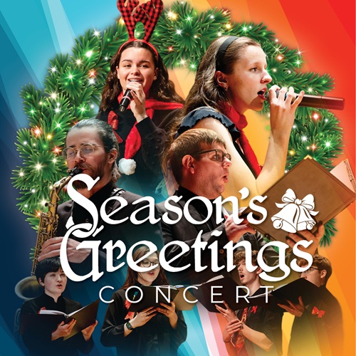 Holiday ensemble performing amid festive wreath and colorful backdrop promoting UAFS “Season’s Greetings Concert.”