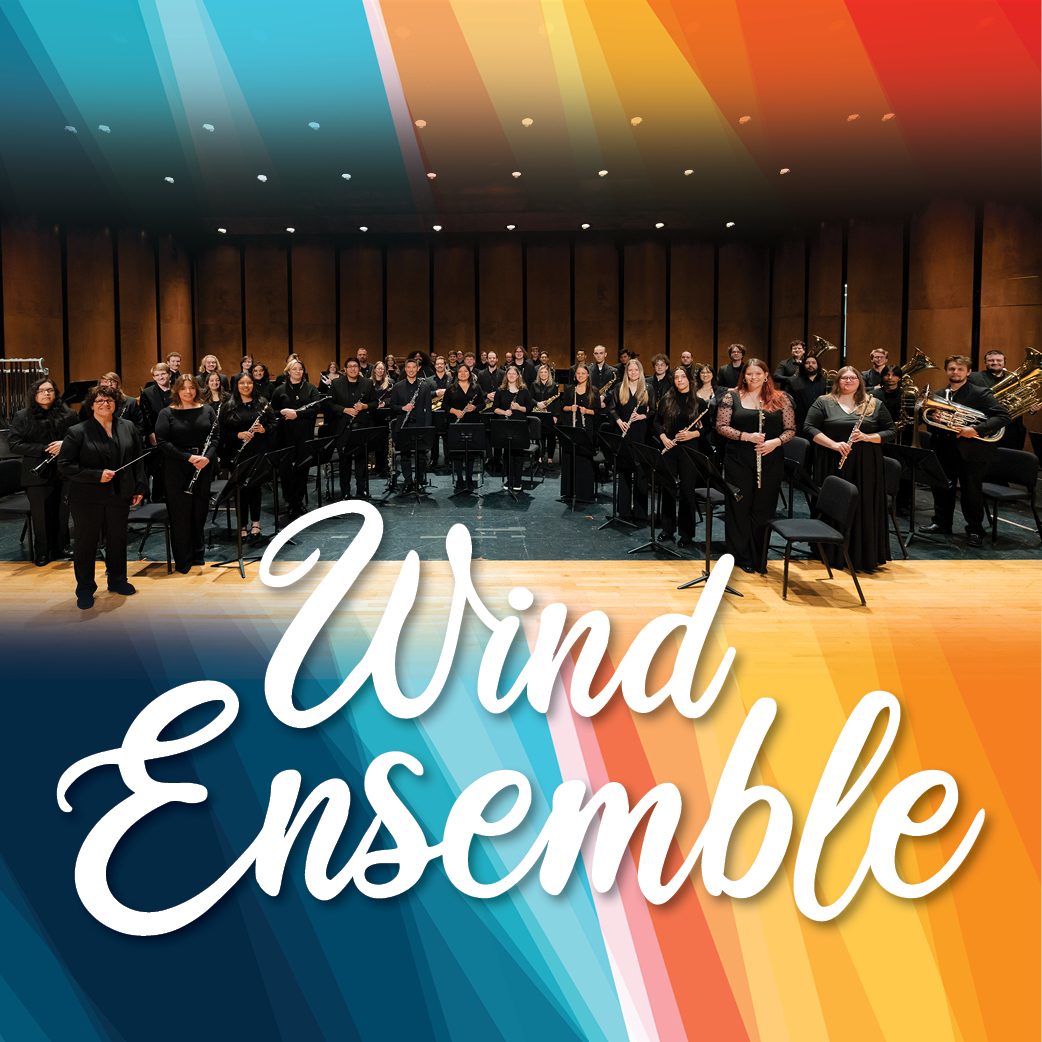 Abstract colorful gradient background with elegant “Wind Ensemble” text in script, evoking musical harmony and energy.