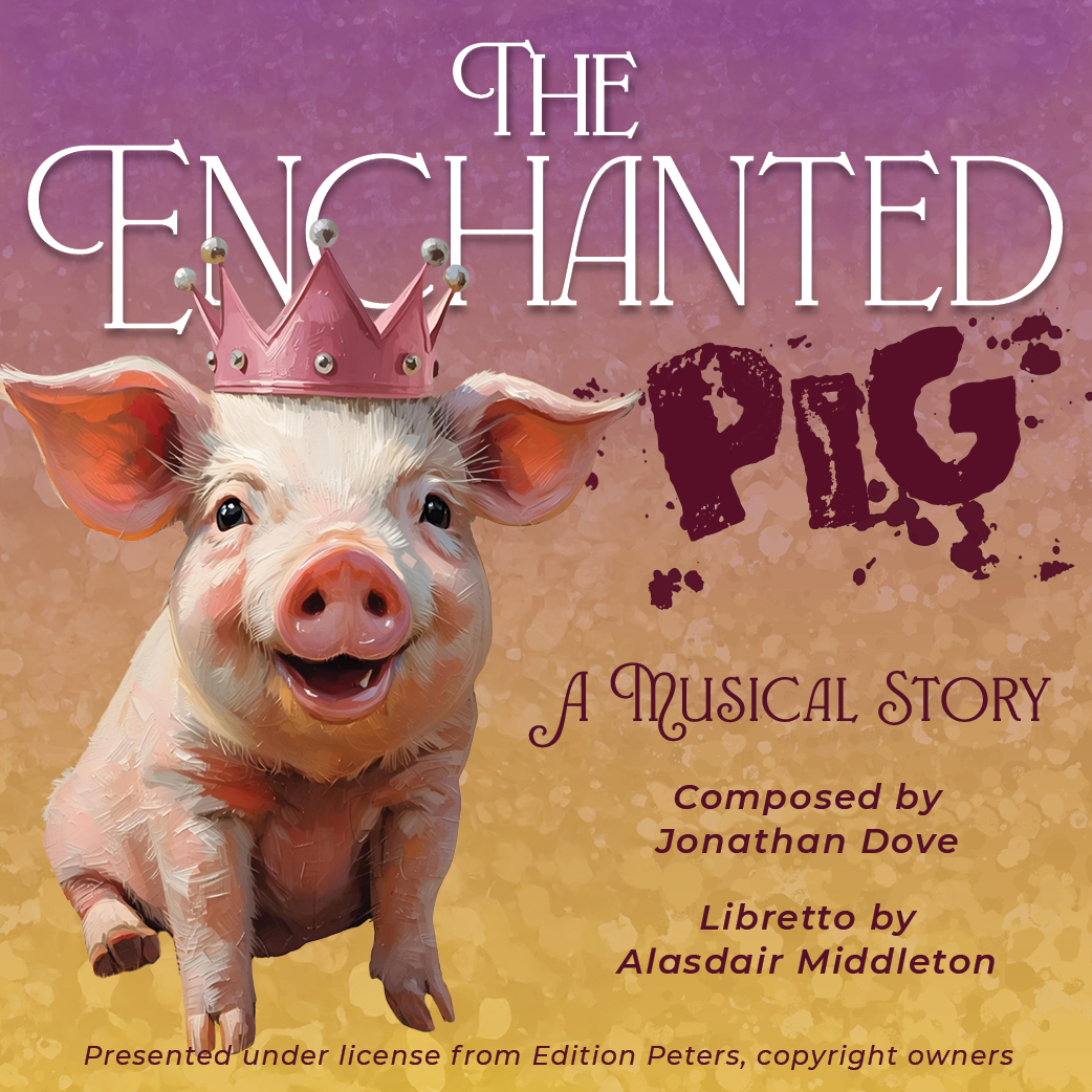 Whimsical crowned pig looks toward forested sunset sky, promoting UAFS production of the chamber opera The Enchanted Pig.