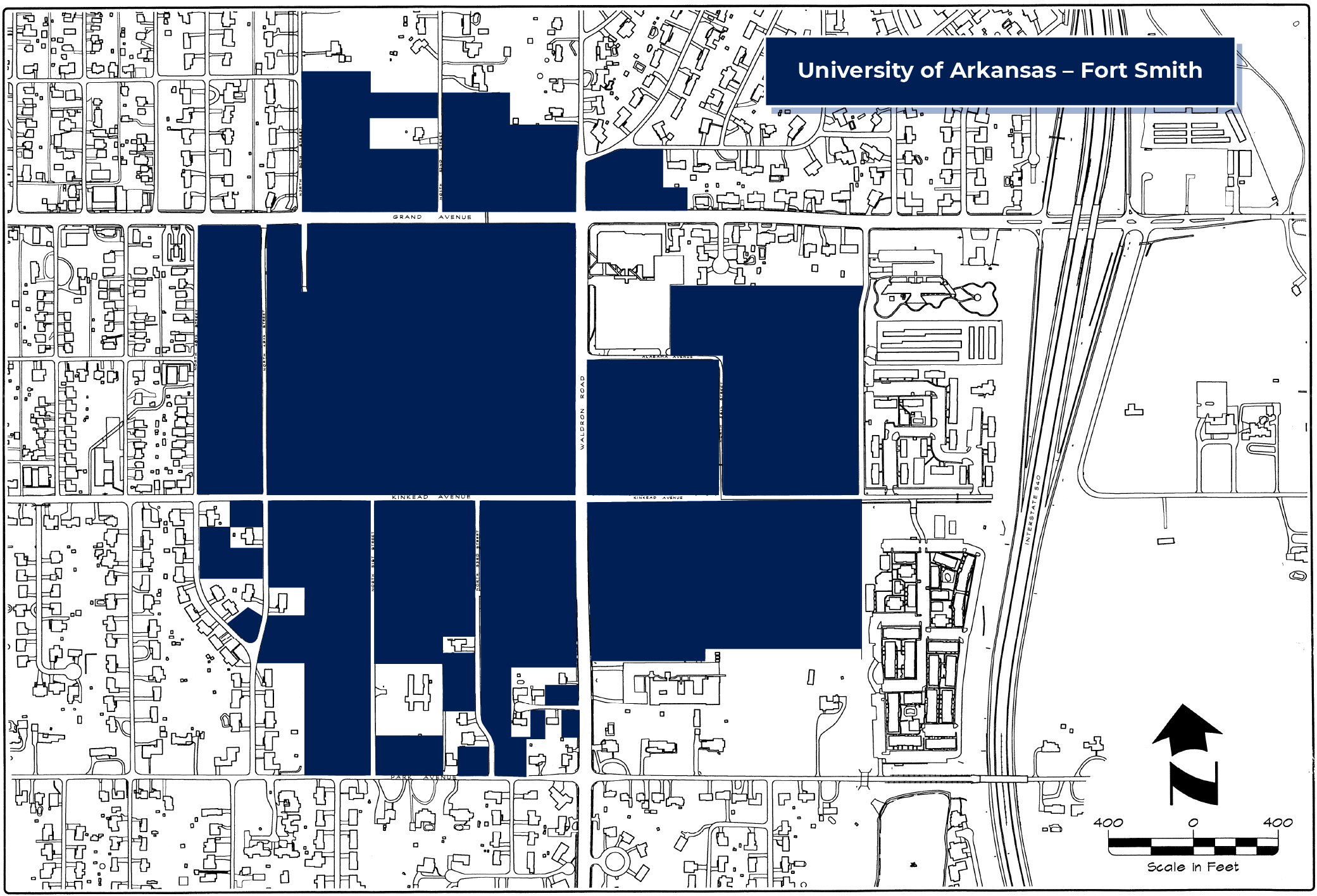 Map of UAFS Clery geography showing campus property, student housing, public areas, and non-campus locations subject to crime reporting.