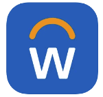 Workday mobile app icon featuring a white W with an orange arc on a blue background